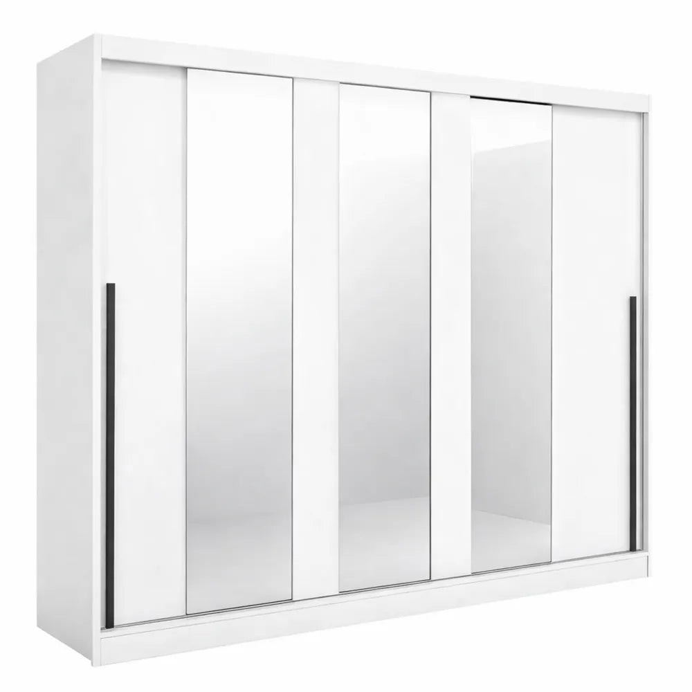 Armoire coulissante moderne 3 portes avec miroirs et étagères, blanc