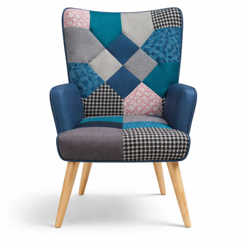 Fauteuil moderne en tissu patchwork et velours bleu
