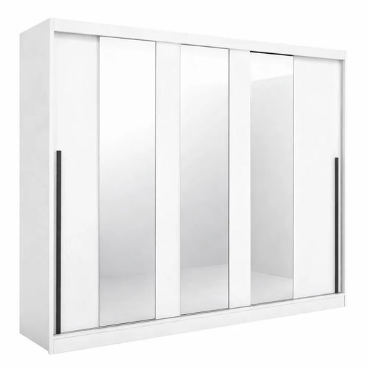 Armoire coulissante moderne 3 portes avec miroirs et étagères, blanc