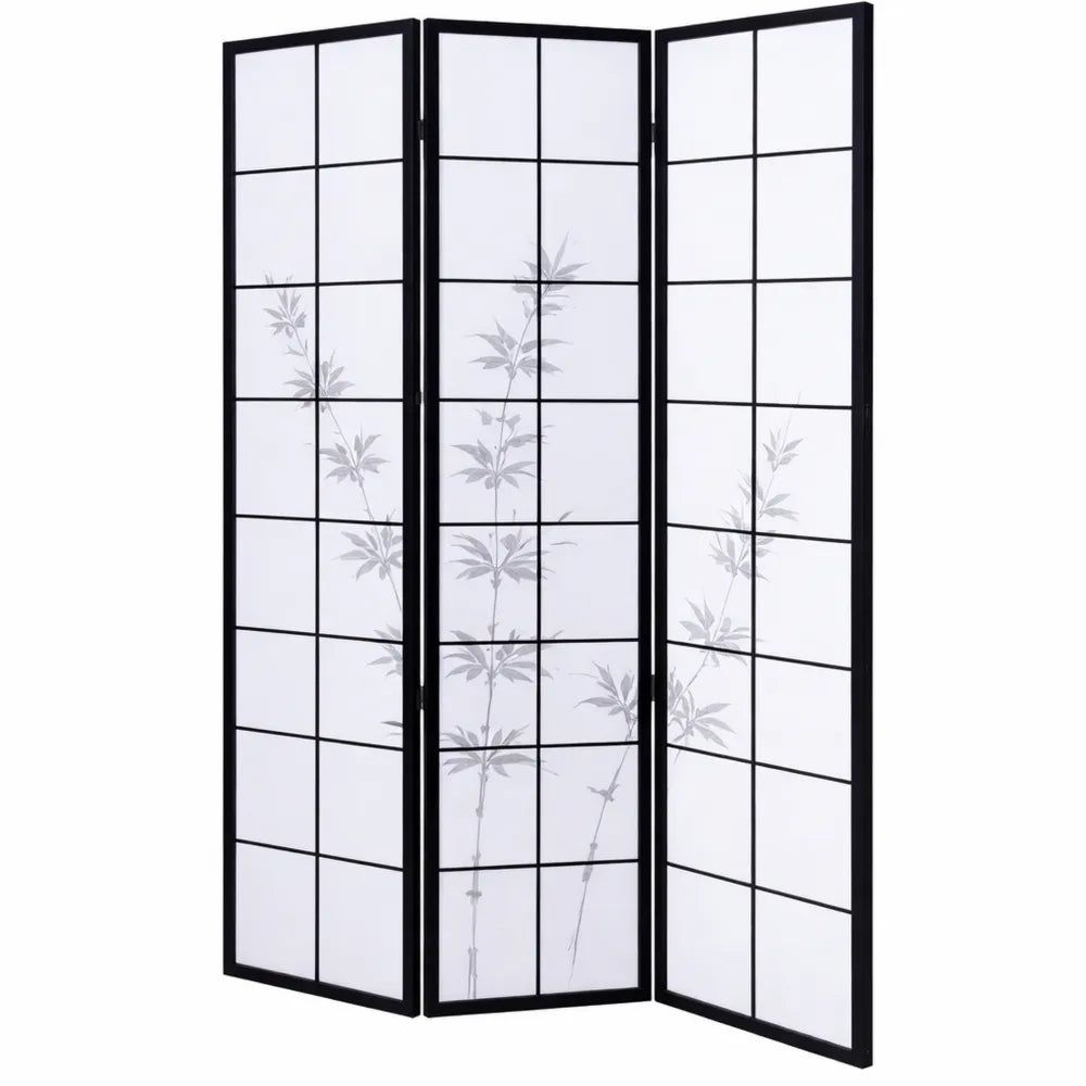 Paravent en Bois Noir avec Motif de Bambou à 3 Panneaux