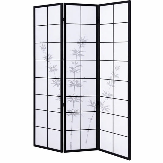 Paravent en Bois Noir avec Motif de Bambou à 3 Panneaux