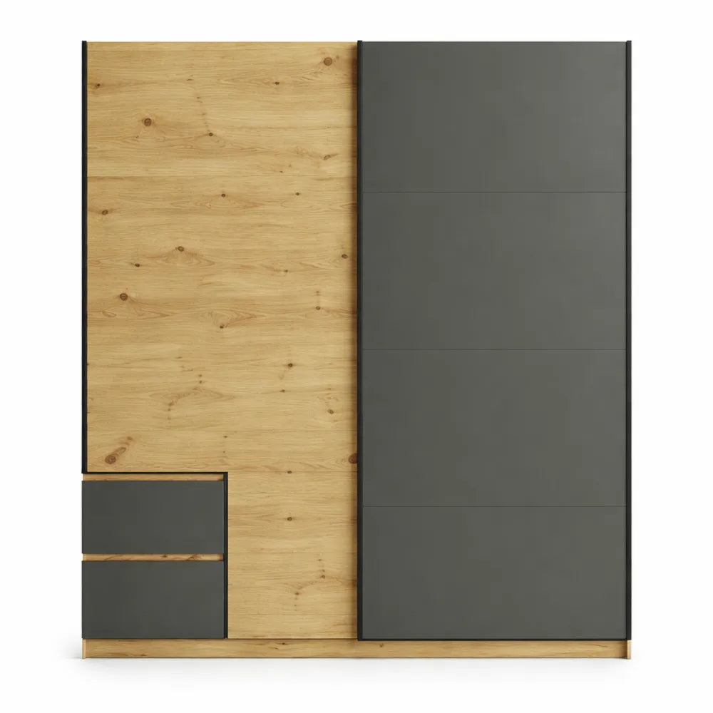 Armoire 180 cm avec portes coulissantes et tiroirs, chêne et gris anthracite